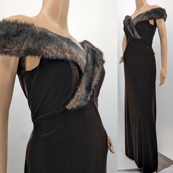 Vintage 1990s Velvet Evening Dress Dark Brown Faux Fur Siren Whimsygoth Size 8 - Picture 1 of 8
